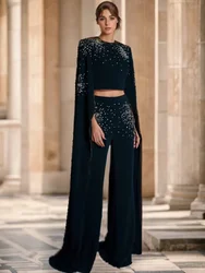 Festival Outfit Women 2024 New Fashion Lotus Leaf Sleeves with Hand Diamond Studded Beads Short Black Top Pants Set Outfits