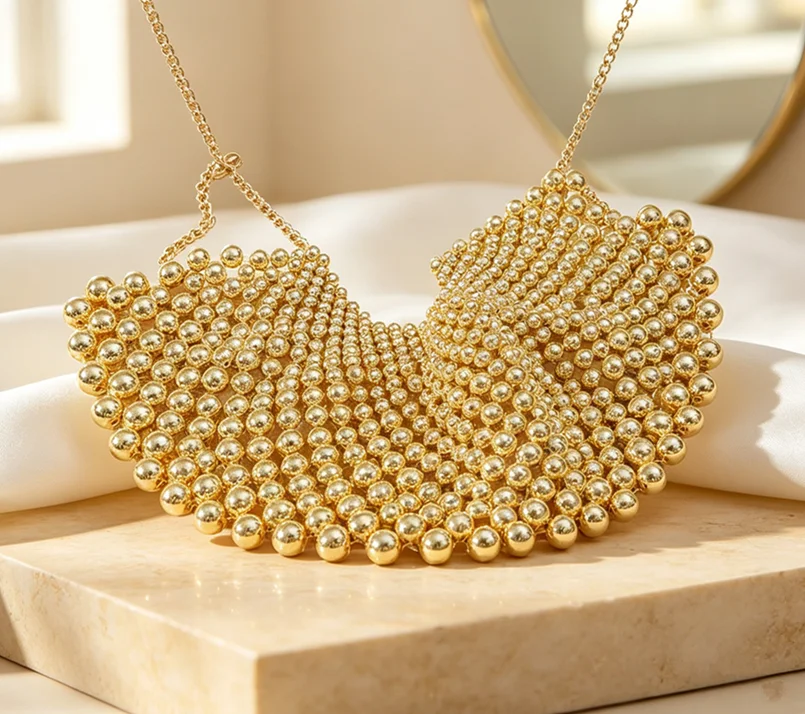 Gold Imitation Pearl Fan Shaped Large Necklace Fashion Exaggerated Individual Choker Middle East Women's Shoulder Chain Wedding