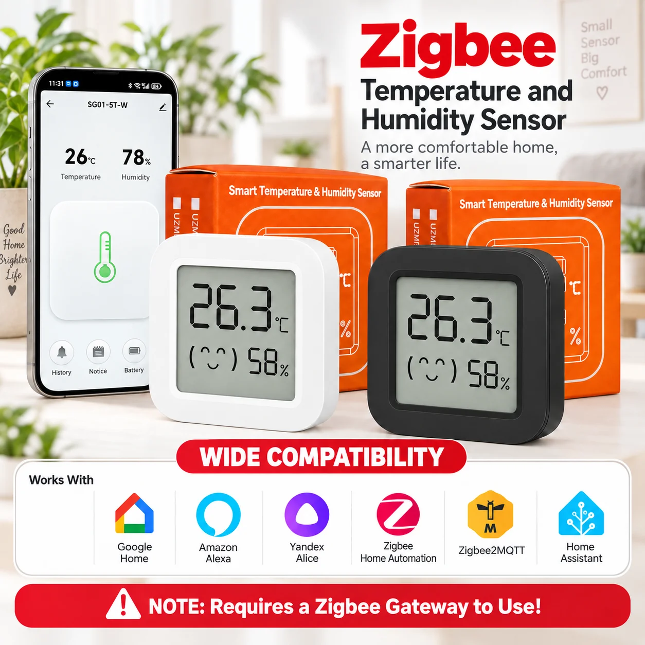 Smart Temperature Humidity Sensor Zigbee 3.0 with Mini LCD Display Zigbee Gateway is Required