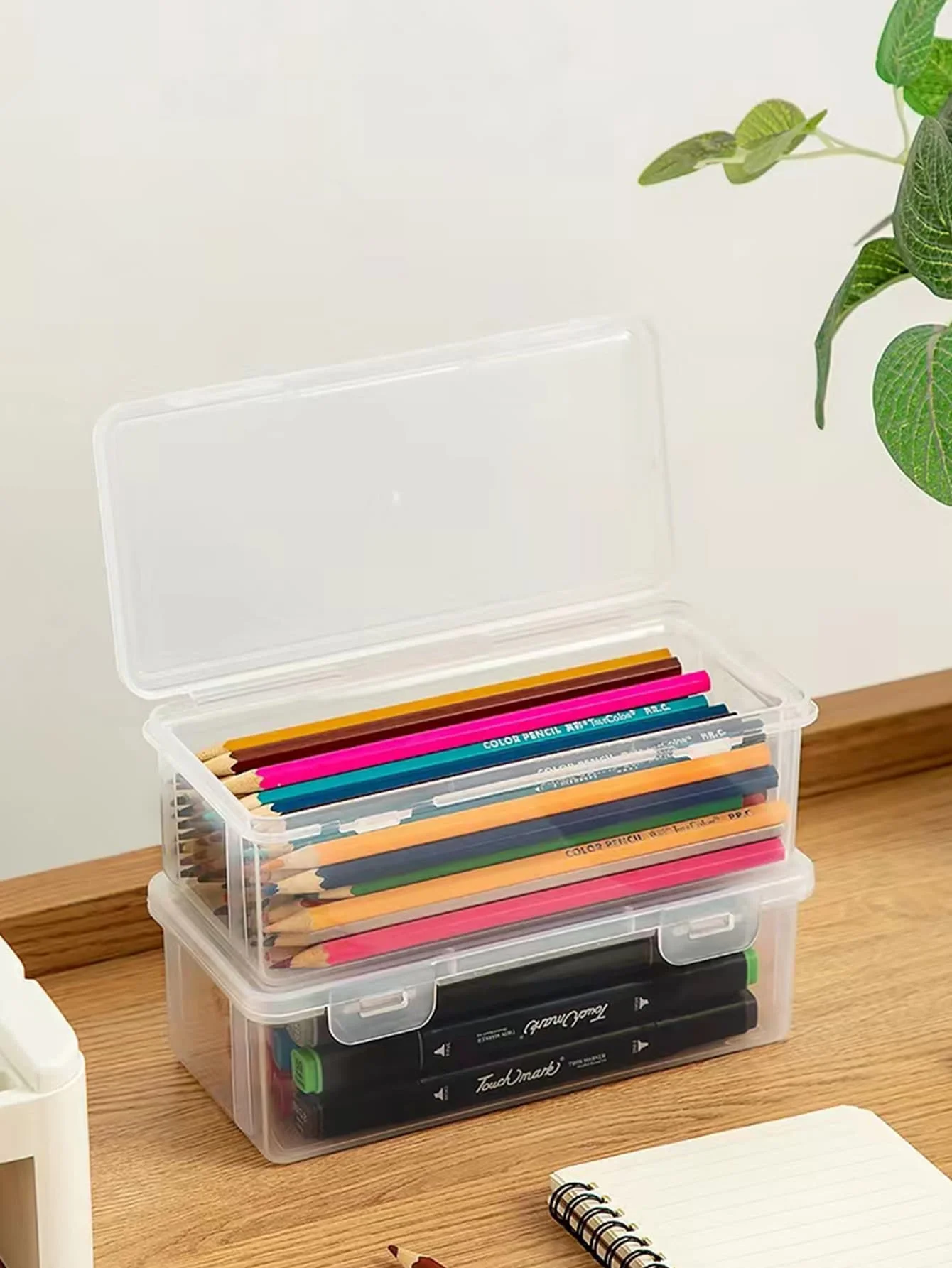 1pc Extra Large Capacity Plastic Pencil Box Stackable Translucent Clear Pencil Box Office Supplies  Organizer Box For Gel Pens E