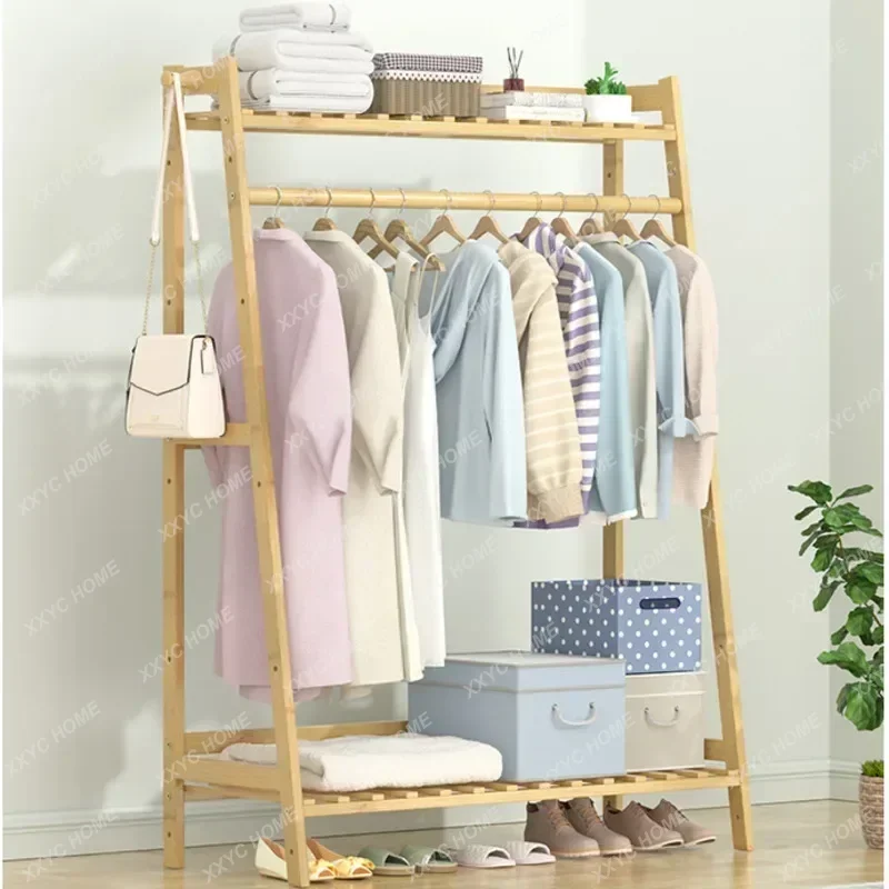 Bamboo Material Clothes Rack Multifunctional Clothes Hanger Trapezoid Design Storage Rack Multi-layer Structure Wardrobe Hangers