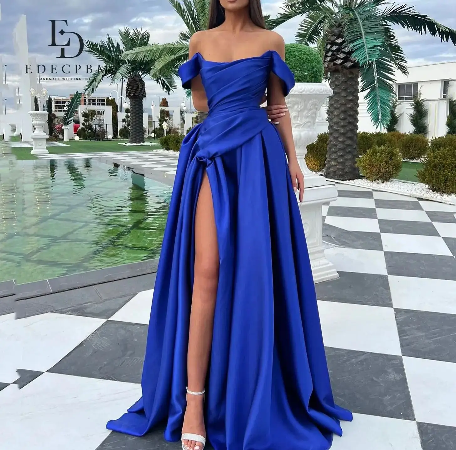 EDECPBM Robes De Soirée En Satin 2025 Femme Bleu Personnalisé Robes De Festa Robe De Bal Pour Femmes Robes De Soirée De Mariage