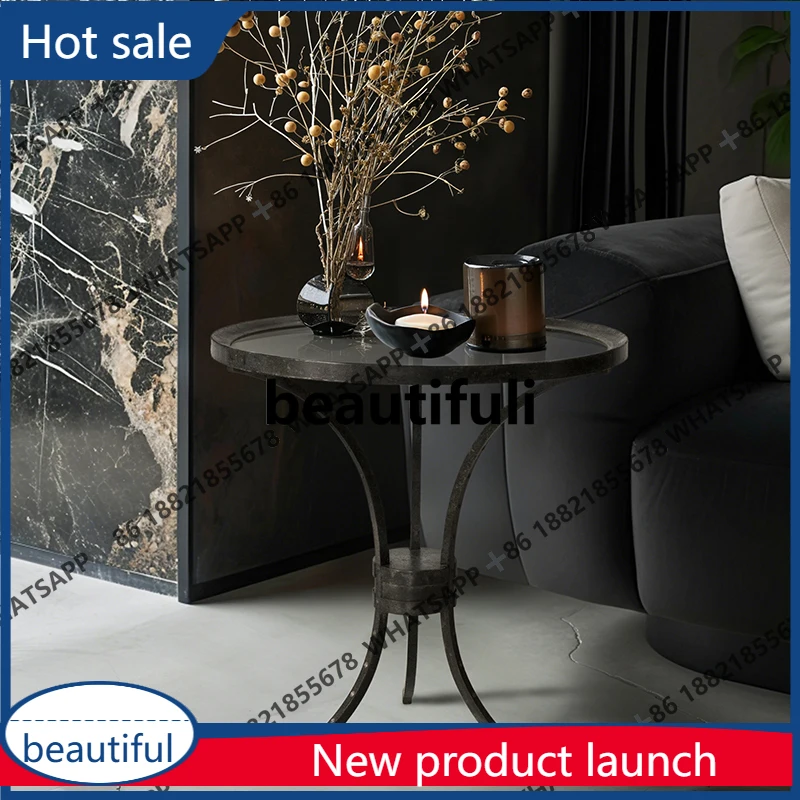 

D53 Classical light luxury coffee table black retro metal tripod glass round coffee table