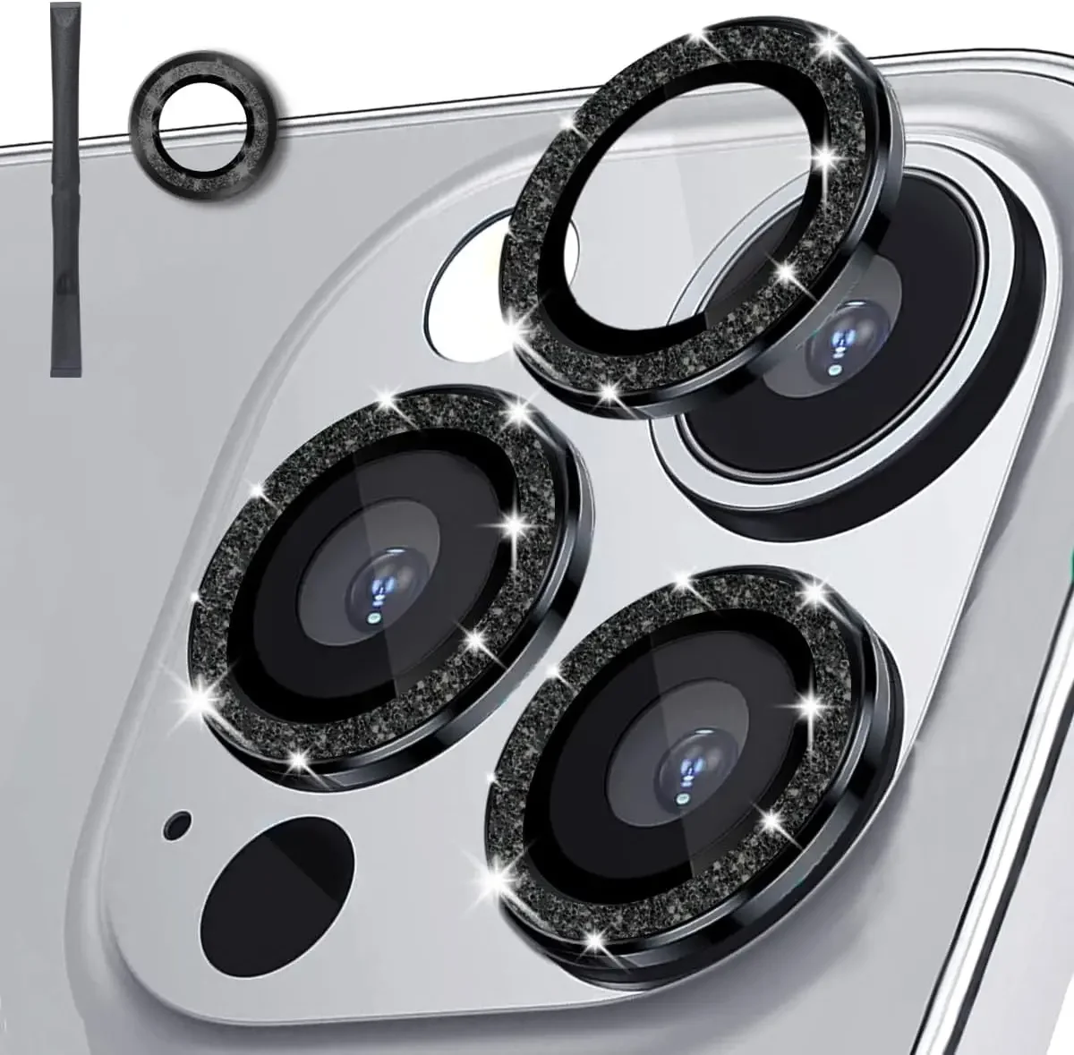 iPhone 15/16/17Pro Max用 キラキラピンクレンズフィルム 2～3枚入り カメラレンズ保護 9H強化ガラス製 カメラカバー メタル個別リング付き