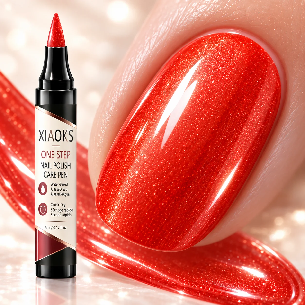 Xiaoks Flame Red Nail Art Pen, Swiss-Imported Pearlescent Color-Enhancing Ingredients, One-Step Application Without Baking, Quick Film Formation and Drying, Scratch-Resistant and Wear-Resistant Lacquer Film, Not Easily Chipped or Scratched. Easy to Use for Beginners, High Gloss Finish, Waterproof and Long-Lasting Film Formation, Anti-Peeling and Non-Curling Lacquer Film. The Pen-Shaped Design Is Portable, Allowing for Quick Touch-Ups Anytime, Whether at Home or on the Go. DIY Nail Art, Easily Creating a Daily Manicure Look.