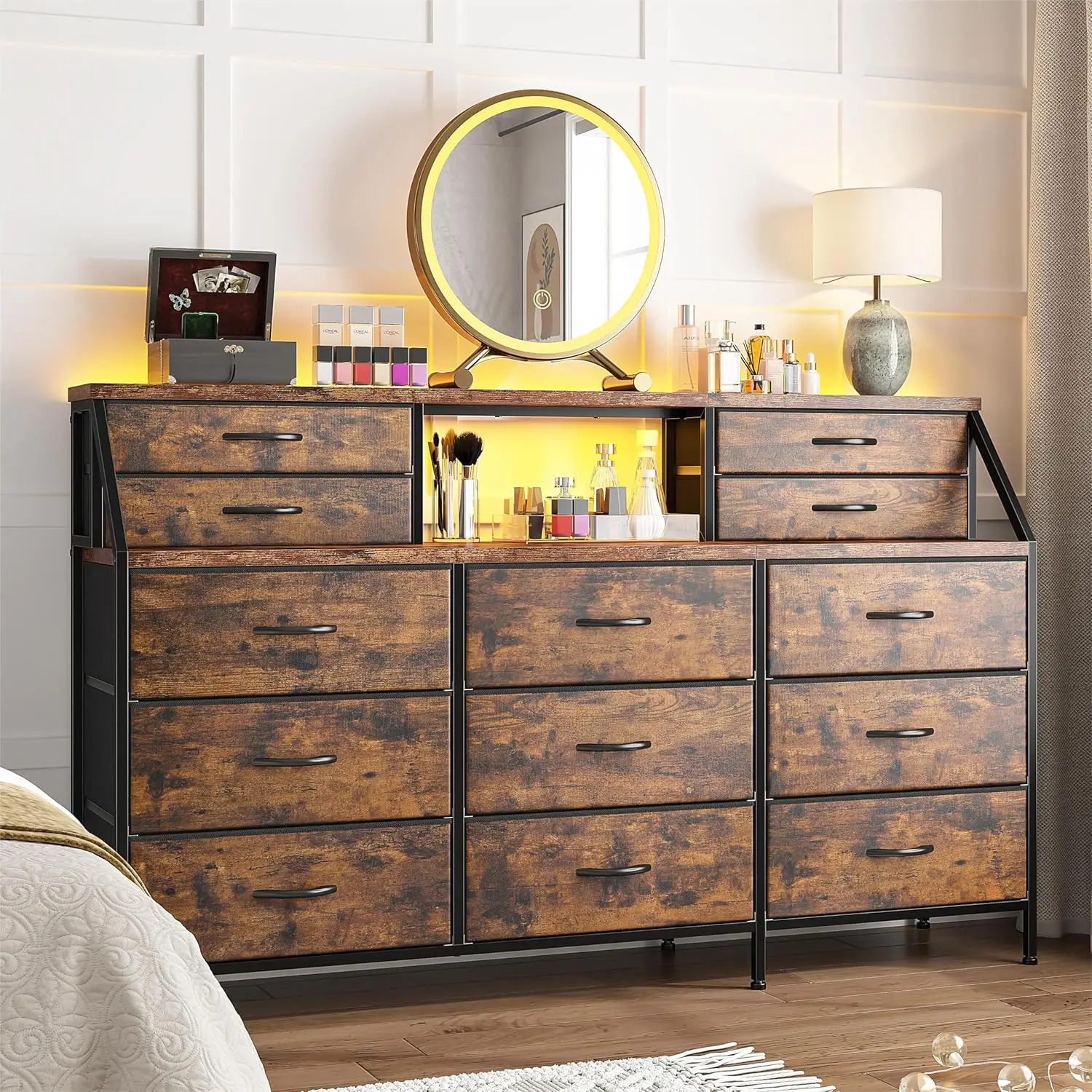 55”W Dresser for Bedroom, Dresser with 13 Large Drawer, Dressers & Chests of Drawers, Dressers with 2 Shelves, Bedroom