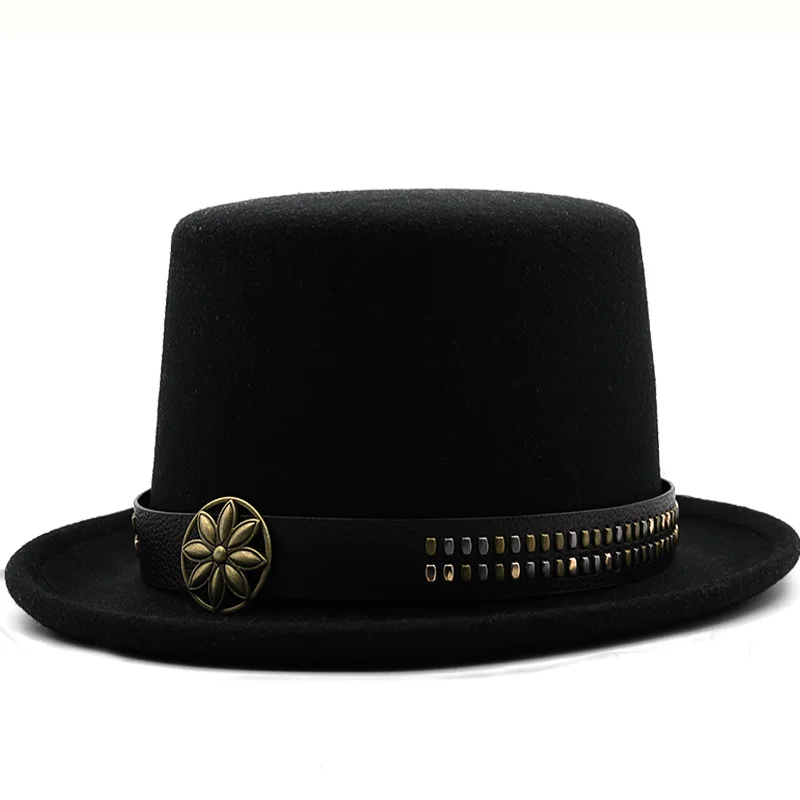 Simple Wool Felt Beaver Top Hat With Classic belt Cylinder Hat For Women Men Mad Hatter Party Costume High Magician Cap