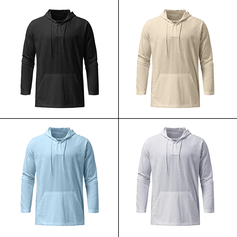 Men Summer Hooded T-shirt Male Spring Solid Color Long Sleeved Shirts Cotton Linen Shirt Casual Breathable Gym Sports Tops