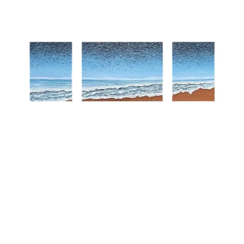 Pure hand-painted oil painting sea view living room sofa background wall triptych decorative painting blue starry sky