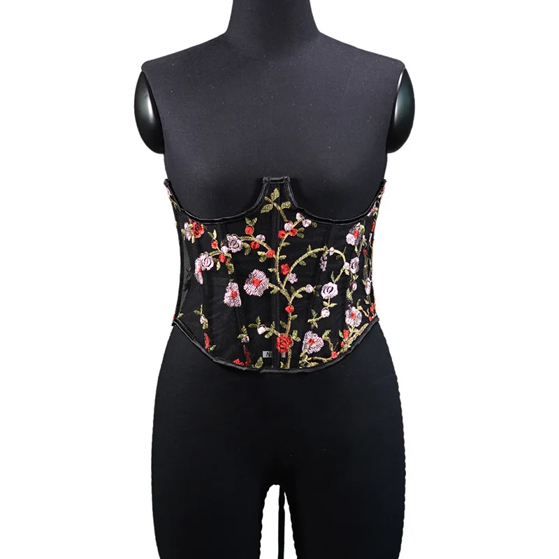 Embroidery Floral Corset Waist Trainer Mesh Transperant Underbust Bustier Top Curve Shaper Strap Slimming Cincher Girdle Korse