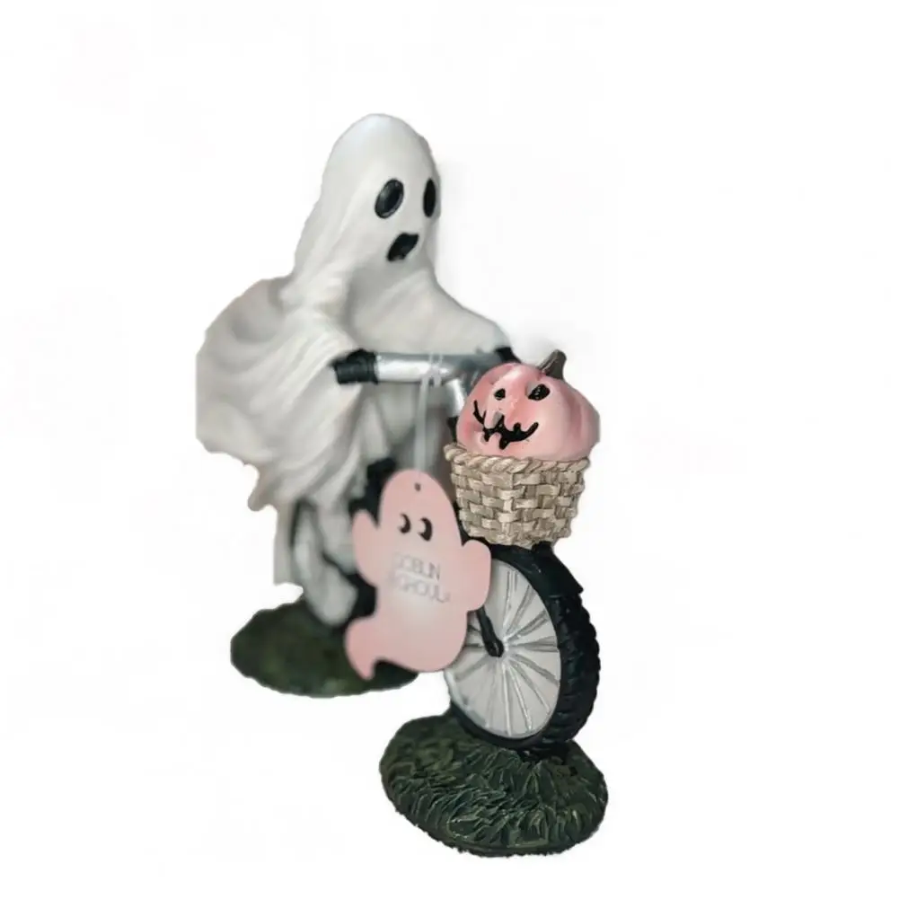 Outdoor Ghost Decor Dekstop Ghost Statue Spooky Halloween Ghost Pink Pumpkin Figurine with Cycling Bike Resin for Indoor