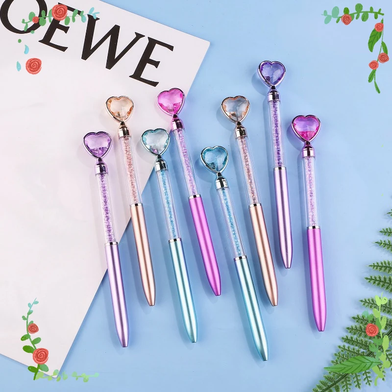 Wholesale New Imitation Metal Rod Diamond Love Ballpoint Pens Colored Crystal Flowing Sand Crystal Gemstone Ball Pen