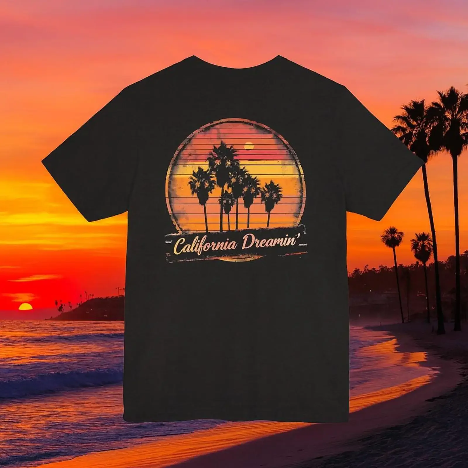 Camiseta Retro California Sunset, estilo West Coast Vibes, vintage, lavada, transpirable, ropa de diseñador, gráfico, cómoda, informal