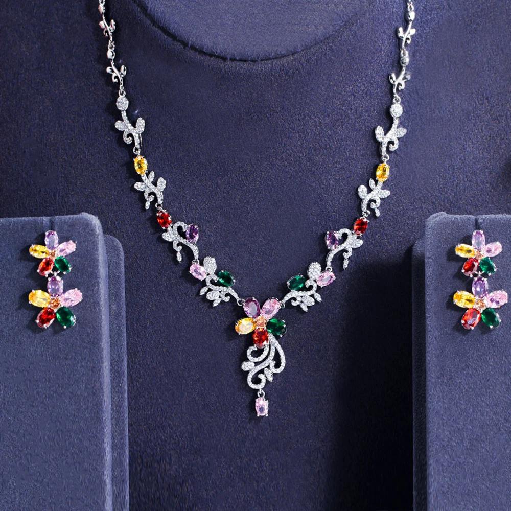 BeaQueen Elegant Flower Jewellery Colorful Cubic Zircon Drop Earrings and Necklace Chain Sets for Women Wedding Accessories S310
