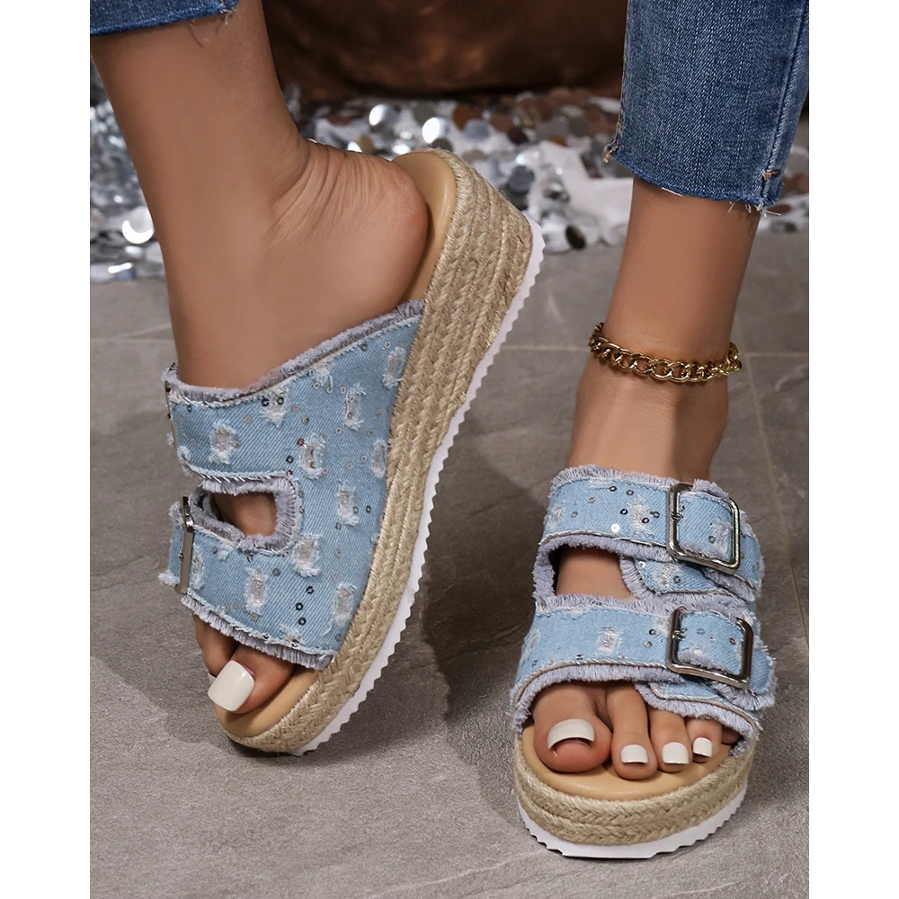 Summer Women Contrast Sequin Raw Hem Double Buckled Denim Wedge Shoes Fashion Going Out Wide Strap Wedges Peep Toe Femme Shoe