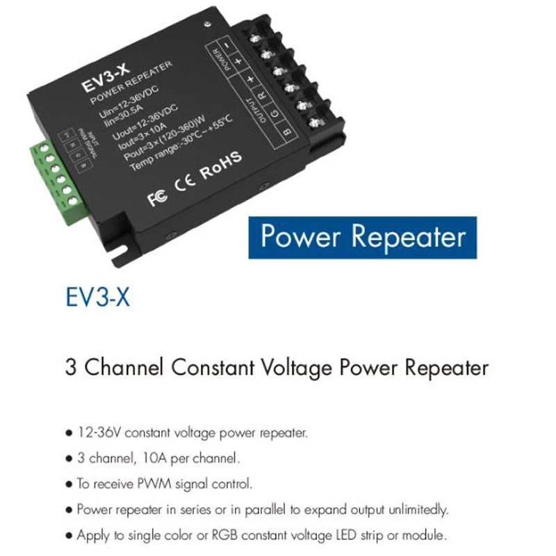 3 Channel Constant Voltage Power Repeater12-36V 10A Per Channel  Apply To Single Color or RGB LED Strip or Module.