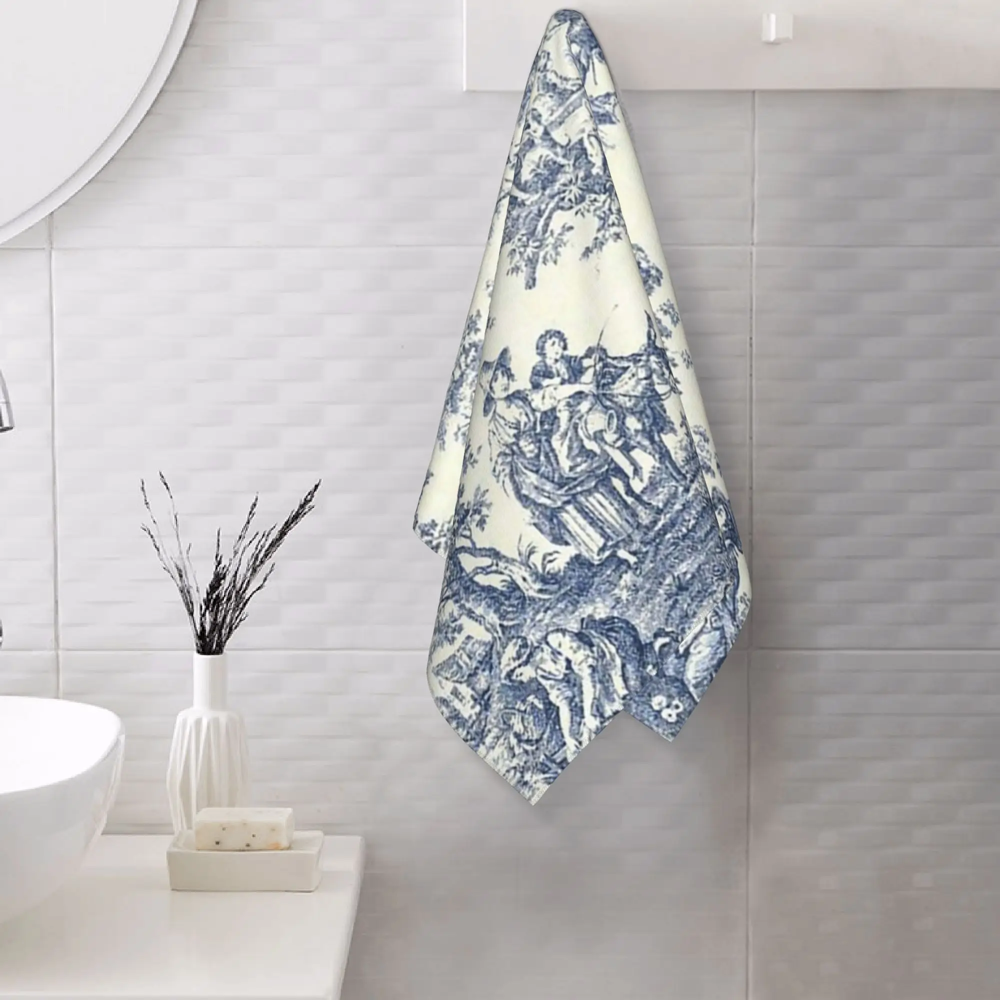 Custom Powder Blue French Toile Picnic Design Soft Face Towel Quick Dry Pool Bath Cotton Towels Absorbent