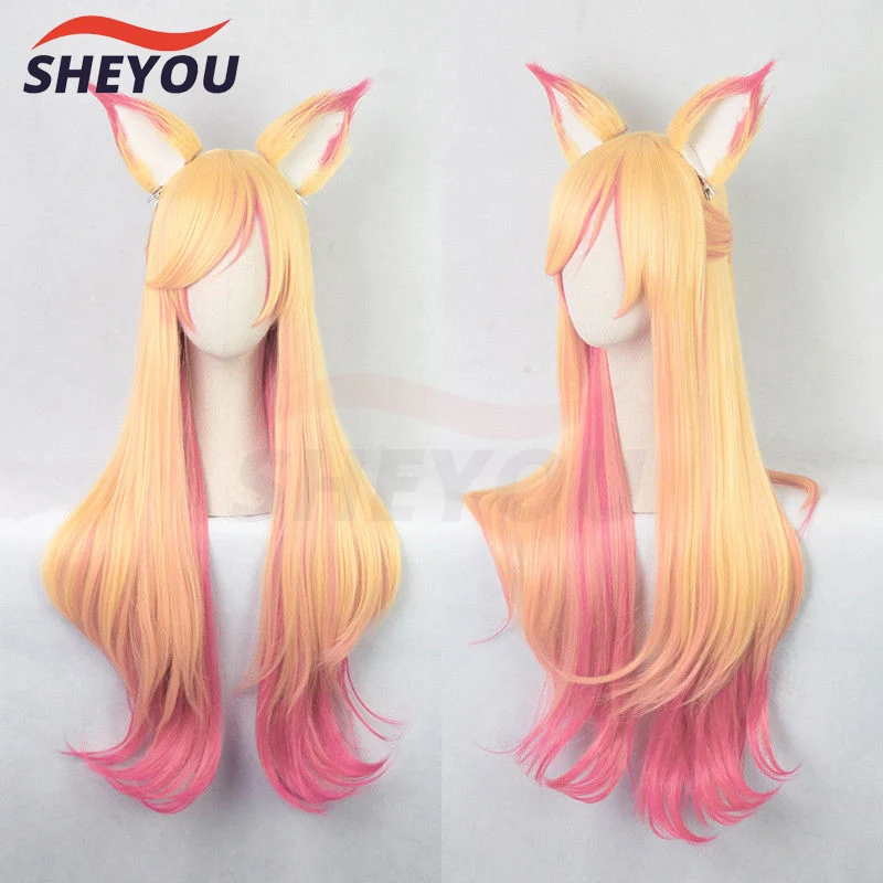 LOL Ahri Gumiho Star Guardian Golden Pink Mixed Color Ombre Wavy Wave Long Heat Resistant Hair Cosplay Costume Wigs + Wig Cap