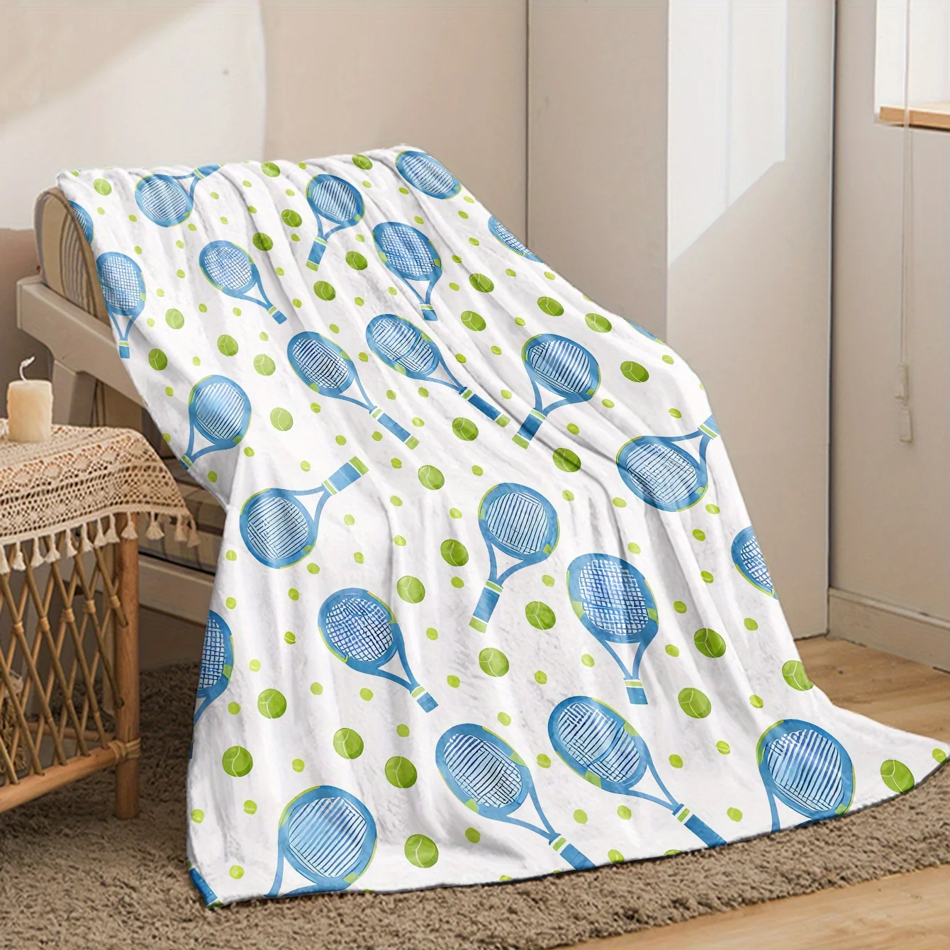 Blue Tennis Racket Pattern Fleece Throw Blanket Sporty Sofa Couch Decor Cozy Gift for Game Lovers White Blue Sporty Accent Home