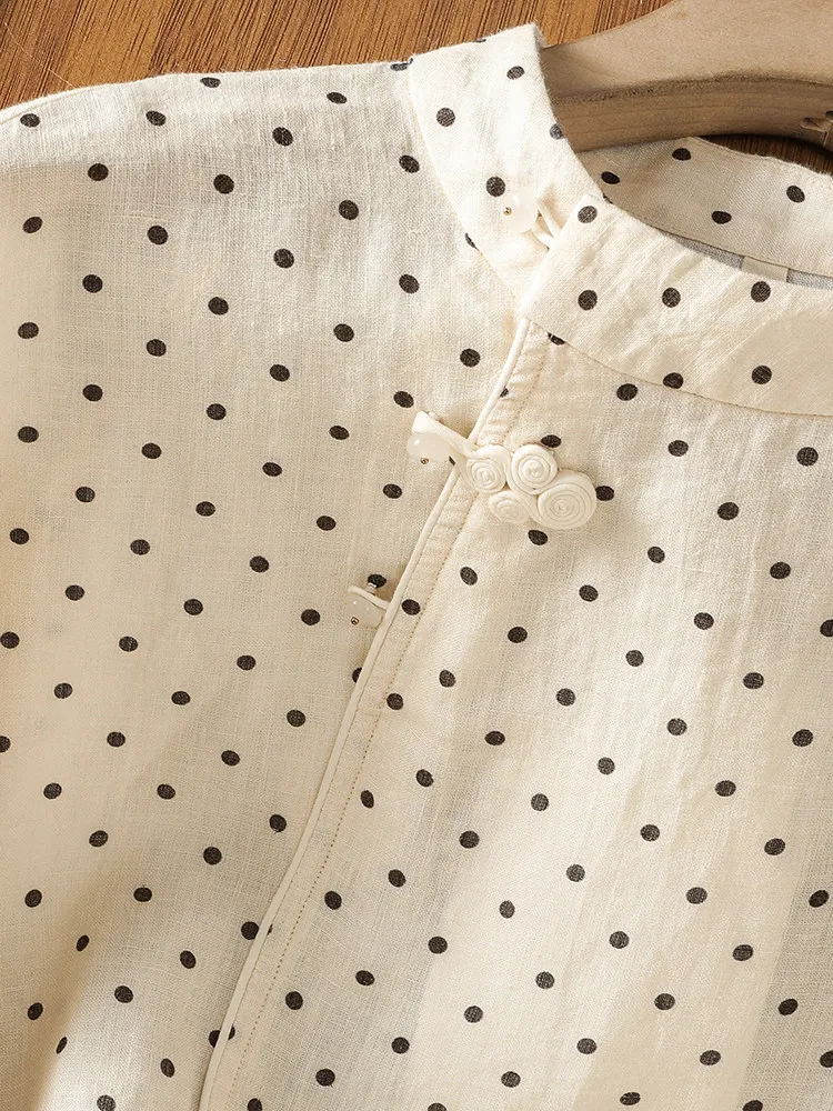 Loose Fit Polka Dot round Neck Printed Shirt New Chinese Style Artistic Versatile Large Size Women's Casual Top