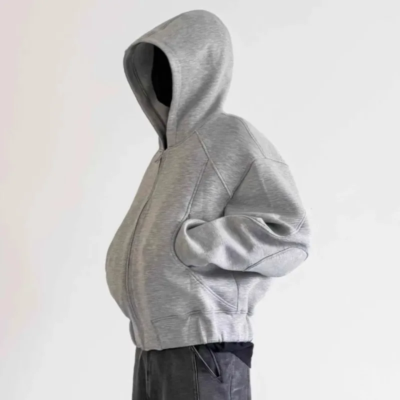 American High Street Split Line Splicing Short Hooded Sweatshirt Autumn Winter Fashion Men's Casual Loose Zipper Hoodie Jacket