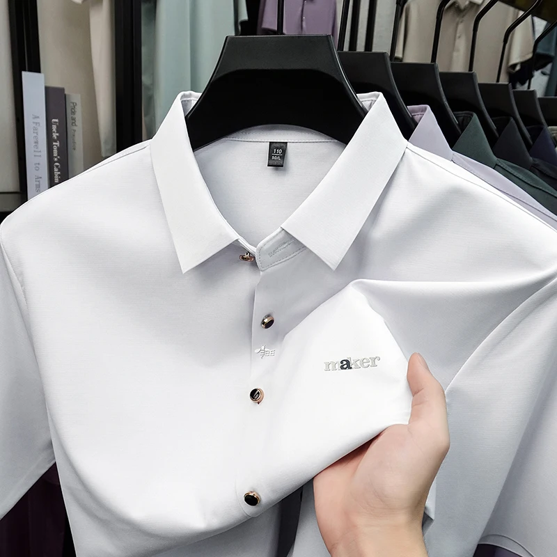 Luxury brand ice silk short sleeve men's shirt letters embossed new summer high-end breathable comfort business casual lapel top