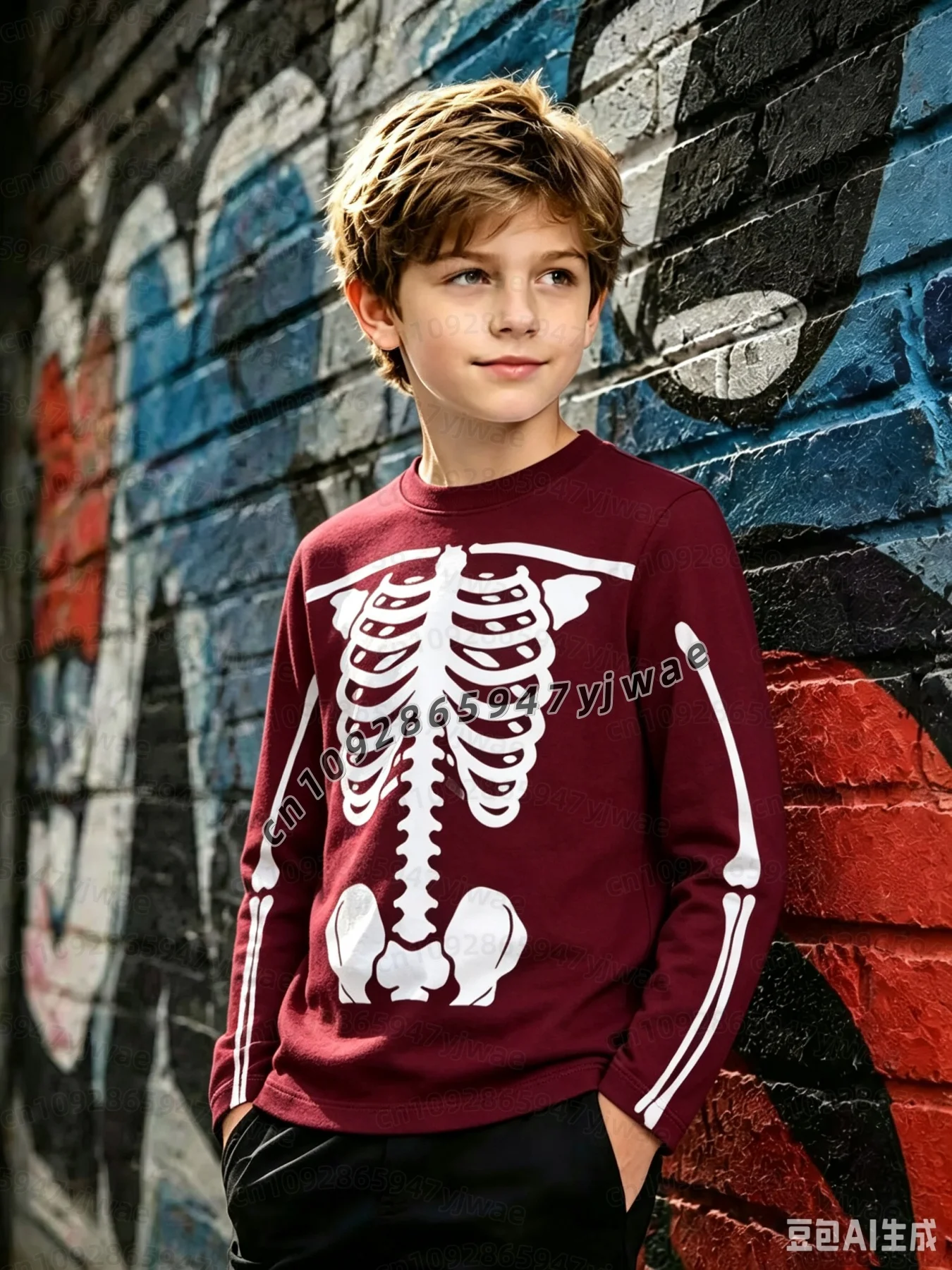Halloween KIDS Herren Damen Gothic Skelett-Print Langarmshirt Rundhals-Oberteil Freizeit- & Themenbekleidung Halloween Kinder T-Shirt – Detail 5