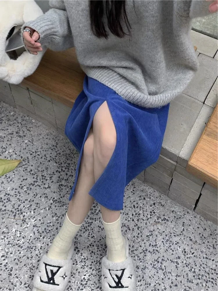 

plus Size 300 Pou Klein Blue High Waist Asymmetrical Midi Skirt Spring A-Line Bodycon Skirt Casual Pure Color Korean Sle