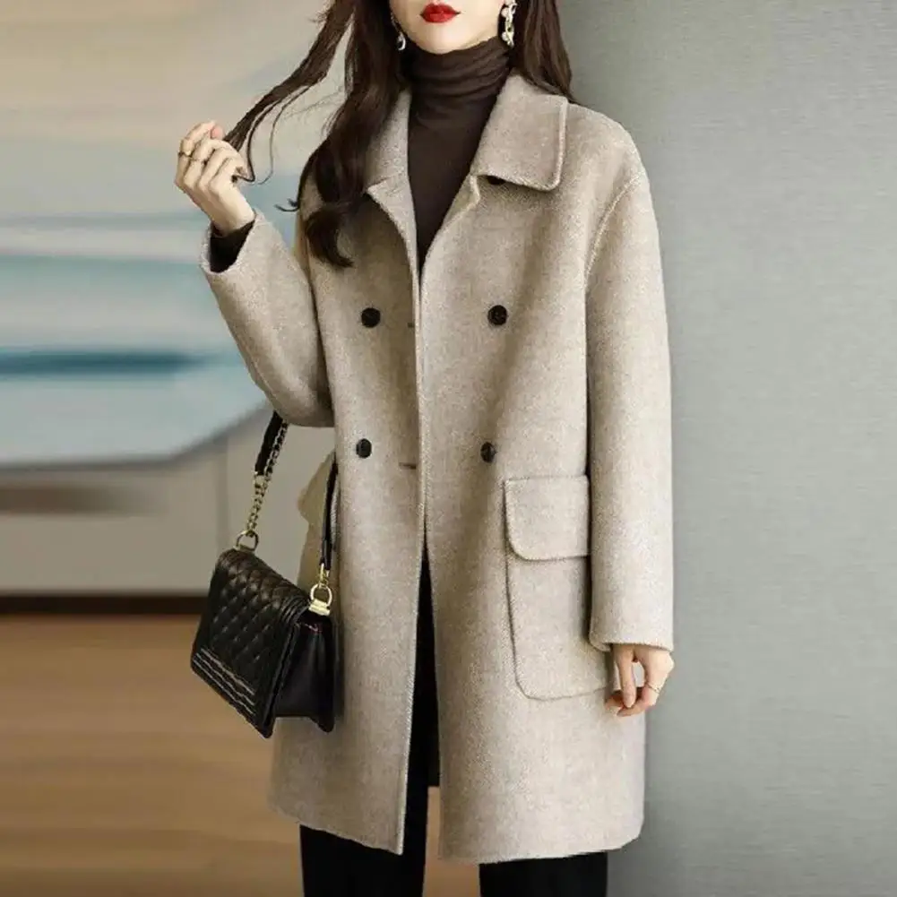 Women Mid-length Wool Coat Solid Color Double Breasted Woolen Coat Flap Pockets Woolen Coat Lapel Thickened Overcoat Outwear