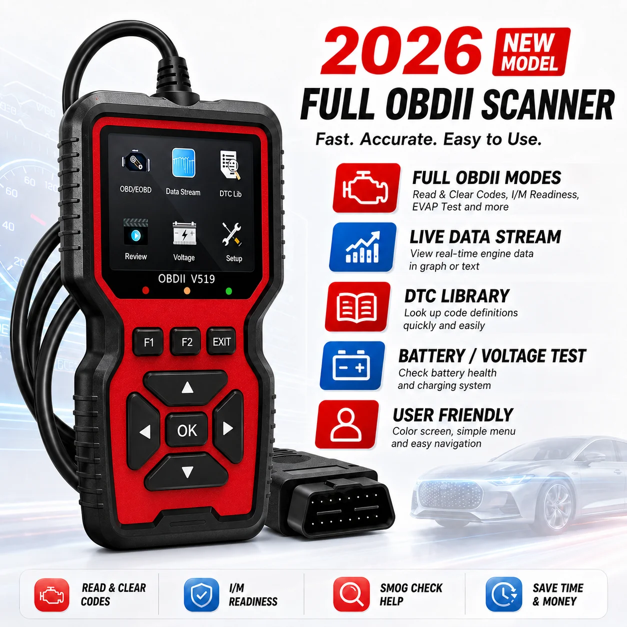 V519 OBD2 Code Reader, OBDII Car Diagnostic Scanner with DTC Eraser, Live Data, I/M Readiness, Voltage Test & DTC Lookup