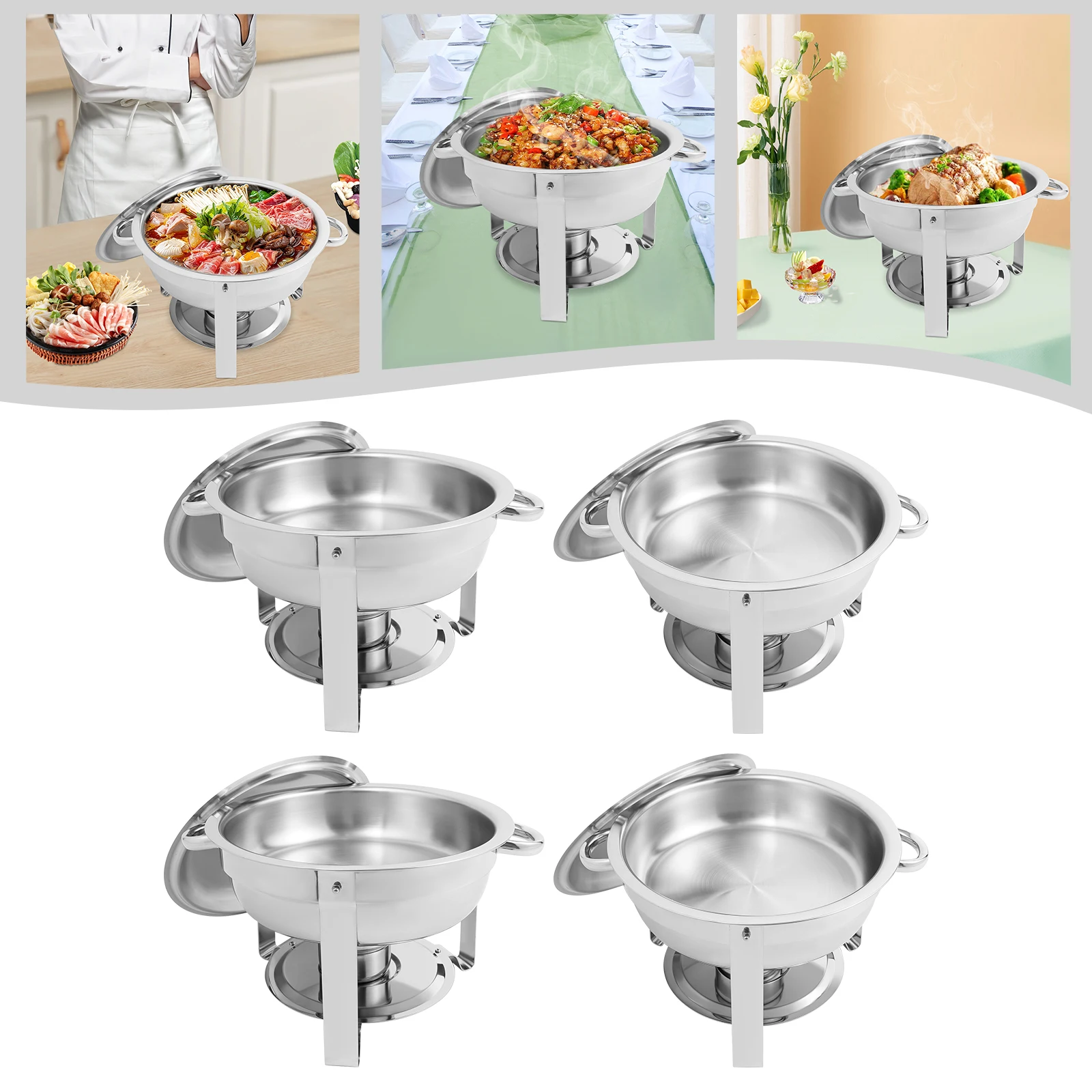 4Pcs 4.5L Gold Silver Chafing Dish Buffet Set Food Warmer Catering Equipment for Party Wedding Banquet
