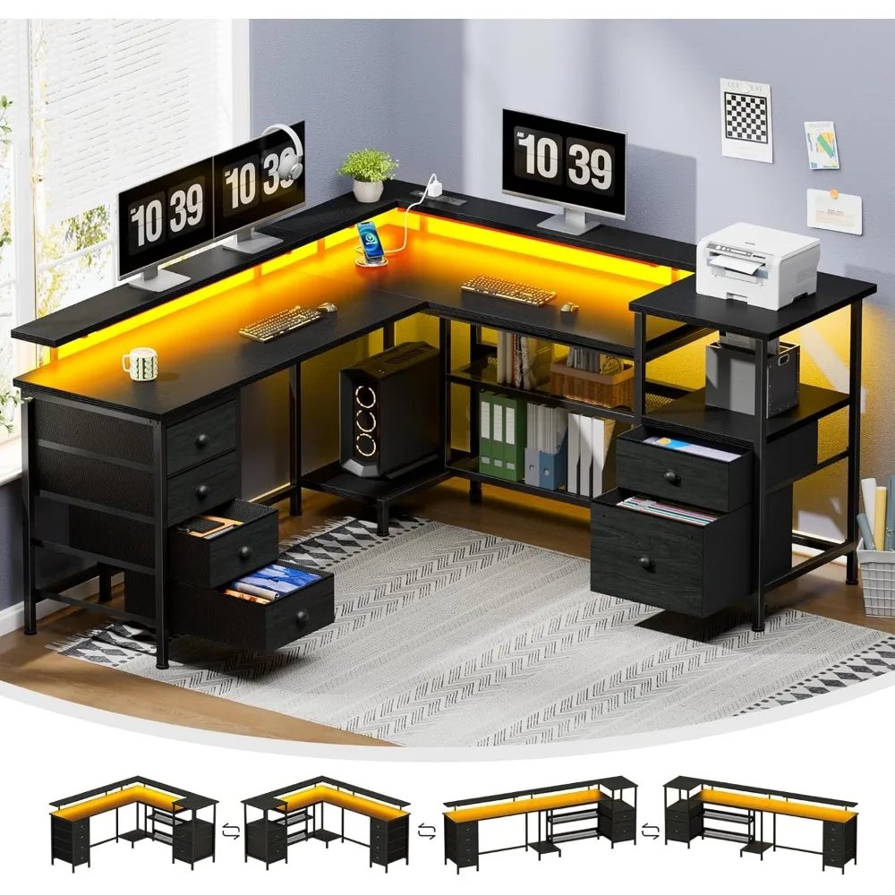 

66" L Shaped Gaming Desk with 6 Drawers & Printer Storage Shelves, Reversible Computer Corner Desk with Power Outlets&LED Light