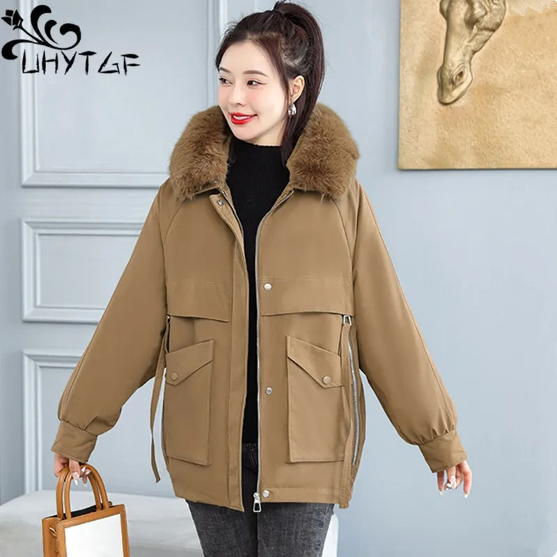 UHYTGF Winter Coat For Women Fur Collar Hooded Cold Proof Warm Parkers Cotton Jacket Female Plush Thick Girl Short Overcoat 2390