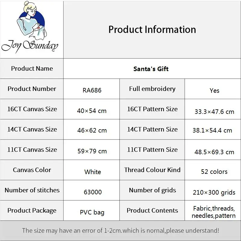 Joy Sunday Santa\'s Gift Zestaw do haftu krzyżykowego Płótno z nadrukiem Pełny haft Ekologiczne nici bawełniane Zestaw do haftu do dekoracji wnętrz