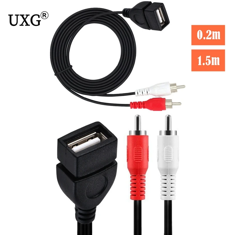 USB A Female Sockrt to 2 RCA Male Plug Audio Video Extension Cable Cord Audio Adapter Flush Mount AUX Stereo 0.2M 1.5 m/5 ft