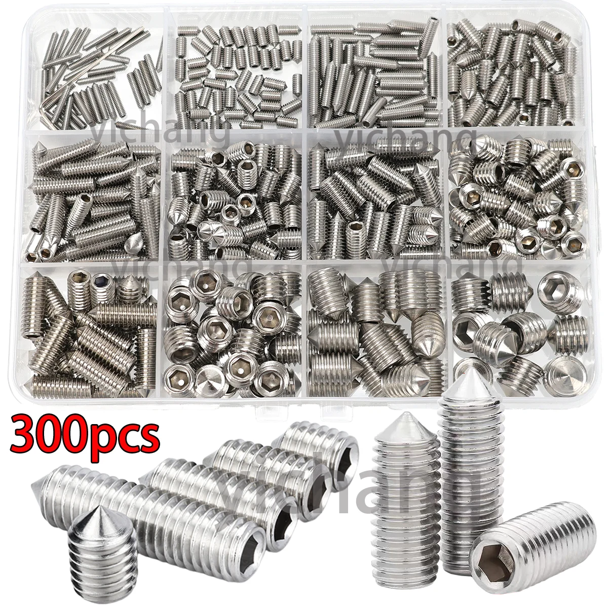300 Stück M3-M10 Edelstahl-Set mit spitzen Ösen, einschließlich Innensechskantschrauben und Stellschrauben.