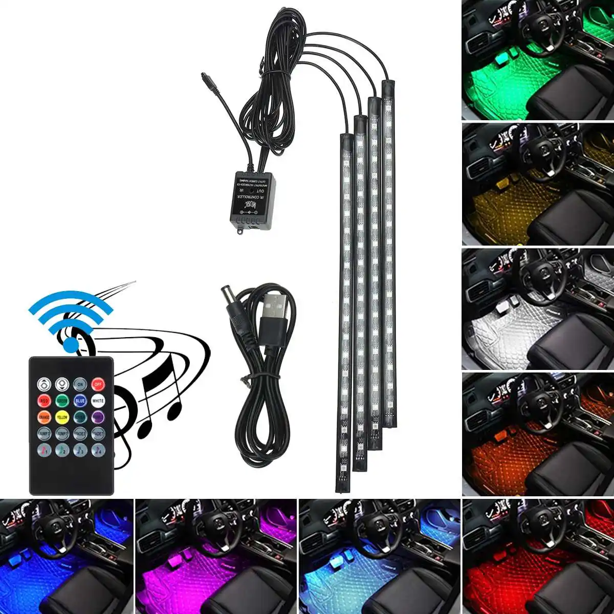 12V 72LED Car LED Interior Ambient Foot Strip Light Convenient Remote Control RGB Atmosphere Decorative Lamp