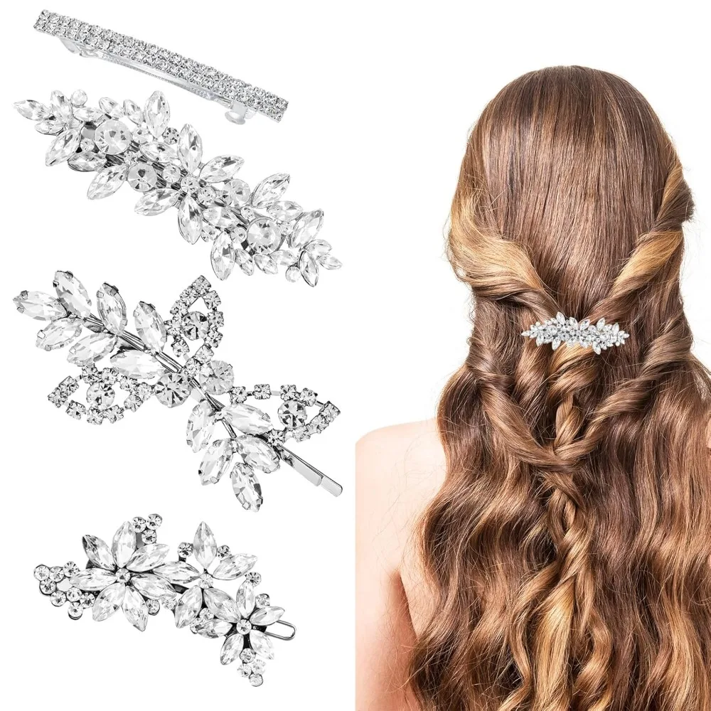 

4 шт. серебряные аксессуары для волос со стразами, свадебные аксессуары для волос для женщин, блестящие заколки для невесты, свадебная заколка с кристаллами