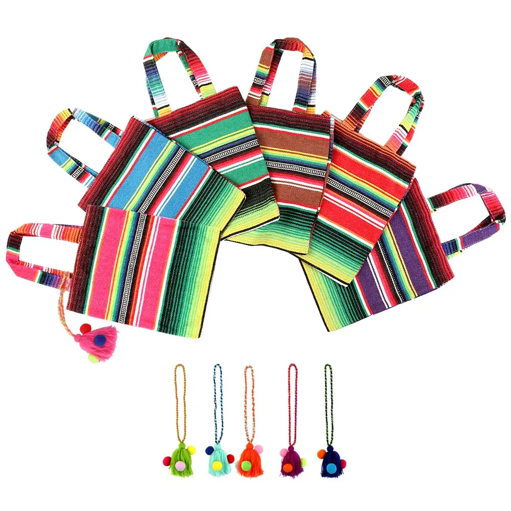 6 set Handwoven Mexican Tote Favor Bags Mexican Fiesta Party Bags with Colorful Tassels for Mexican Fiesta Party Supplies