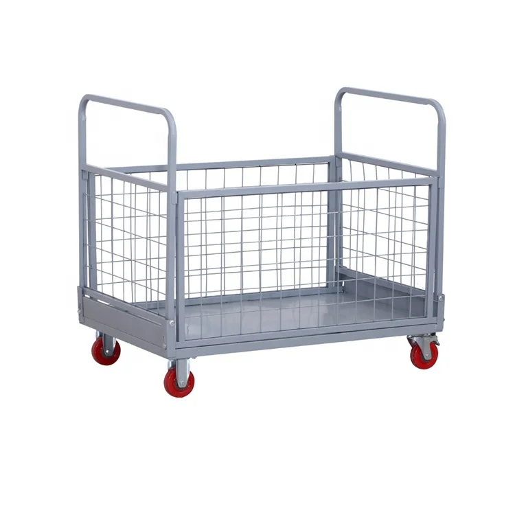 Metal Flat Fence Cart Trolley Supermarket Stall Guardrail Trailer Folding Basket Dolly Hand Platform Truck Cart With Cage