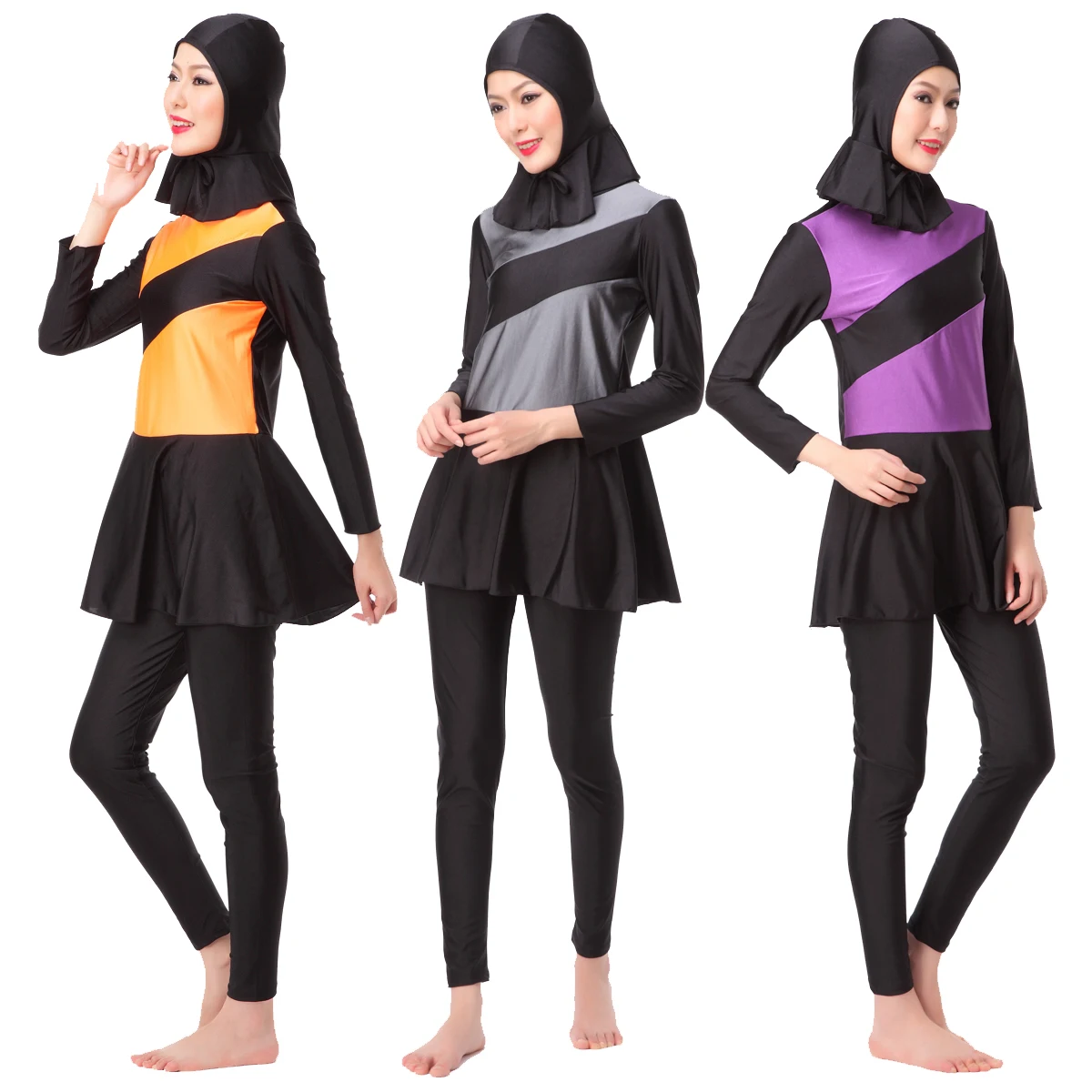 S-3XL Slim 3-Piece Islamic Swimwear Women Muslim Swimsuit Burkini for Ladies Full Cover Contrast Color Diagonal Stripe Quick Dry