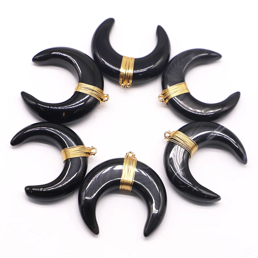 

Selling Natural Stone Black Agate Tooth Crescent Horns Pendant Necklace Healing Charm Fashion Jewelry Accessories Wholesale 4Pcs