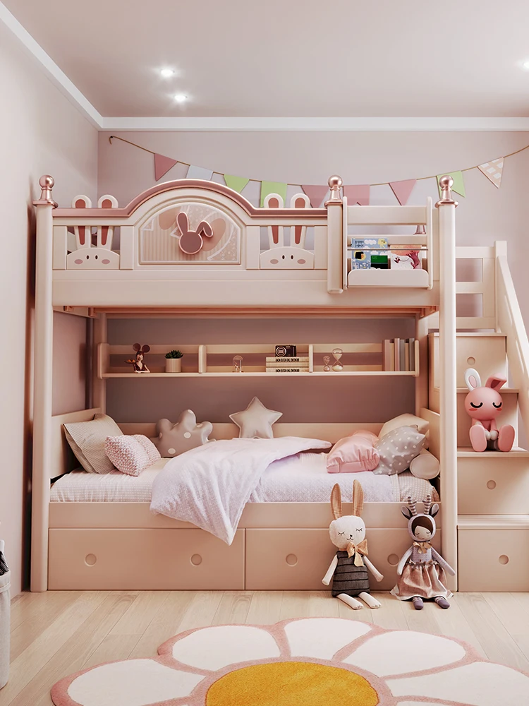 

Девушка вверх и вниз с двухъярусной кроватью в том же ширины Princess. Утолщенная высокая и низкая кровать из массива дерева.