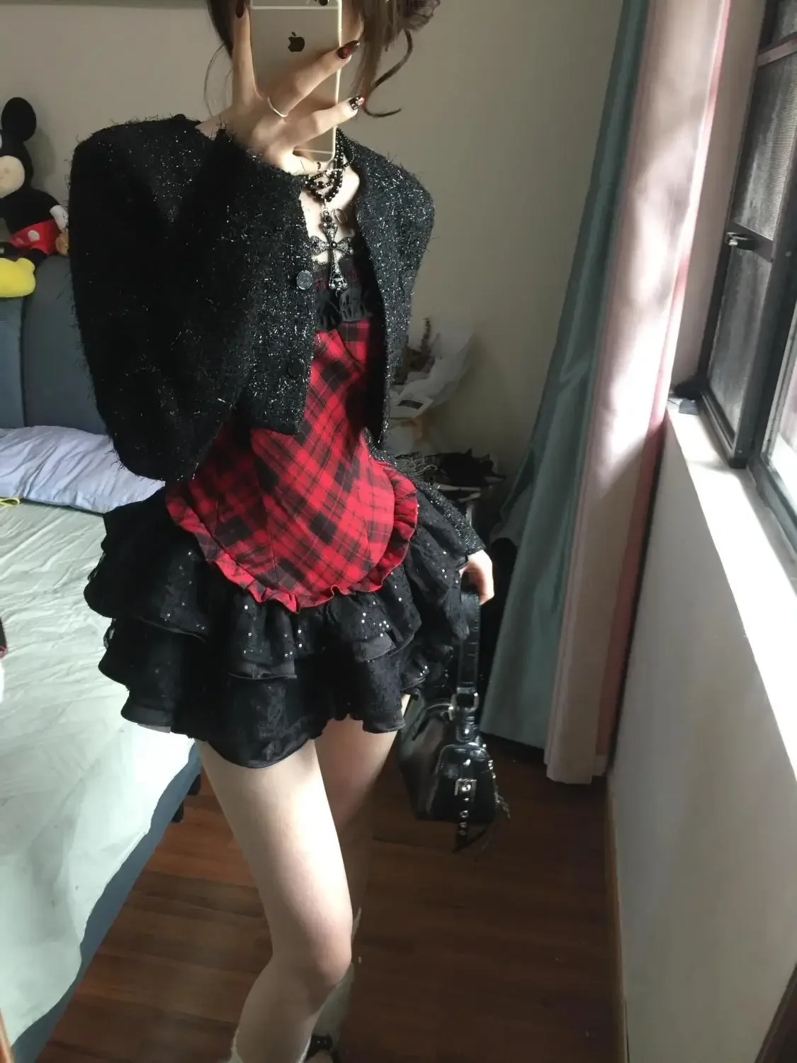 25 الربيع Y2k شيك معطف قصير منقوشة رقيق فستان خمر الإناث الرجعية الكورية الملابس الشعبية القوطية أنيقة 2 قطعة مجموعات امرأة #4