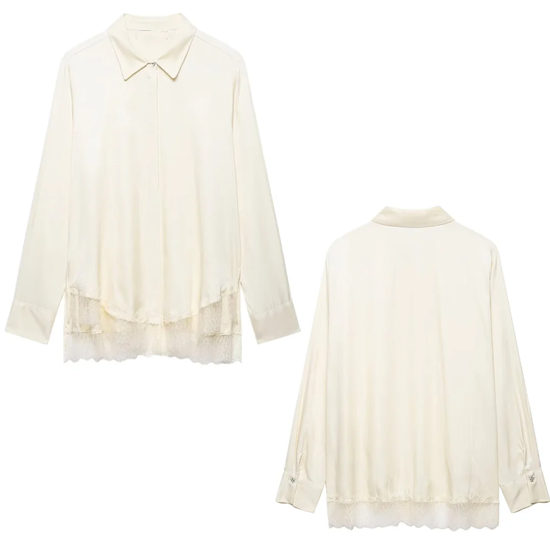 

Maxdutti French Minimalist Satin Shirt With Loose Lace Patchwork Top 2026 Shirts & Blouses Women's Clothes Shirts Tops