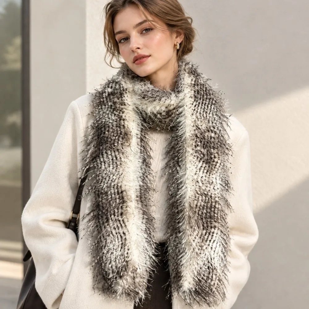 Fleece Thick Faux Fur Scarf Soft Fuzzy Texture Winter Fluffy Shawl Neck Wrap Lightweight Long Plush Muffler Outdoor Travel