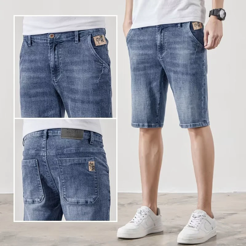 

Men Summer Stretch Denim Short Pants Trend Lightweight Versatile Embroidered Casual Trousers Male Classic Blue Gray Jeans