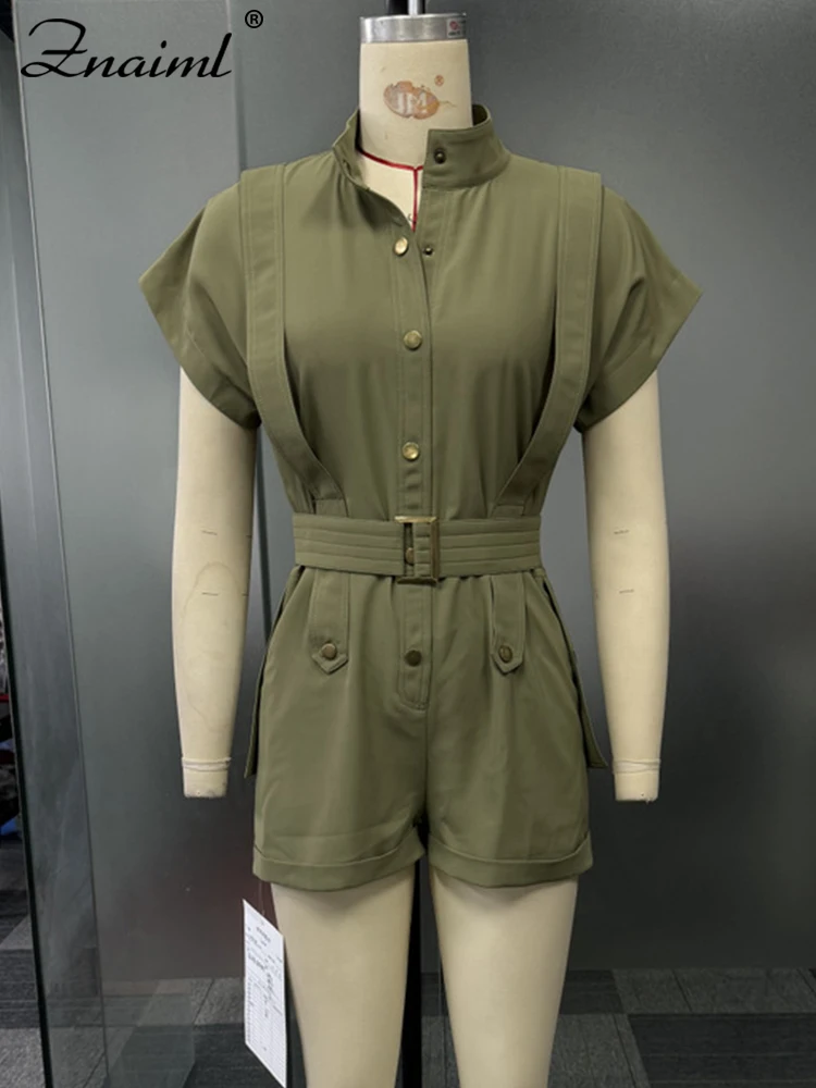 Znaiml الصيف بنطال ذو قصة أرجل واسعة Playsuits السروال القصير مع حزام المرأة بذلة السراويل السوداء قصيرة الأكمام أنيقة قطعة واحدة Overslls