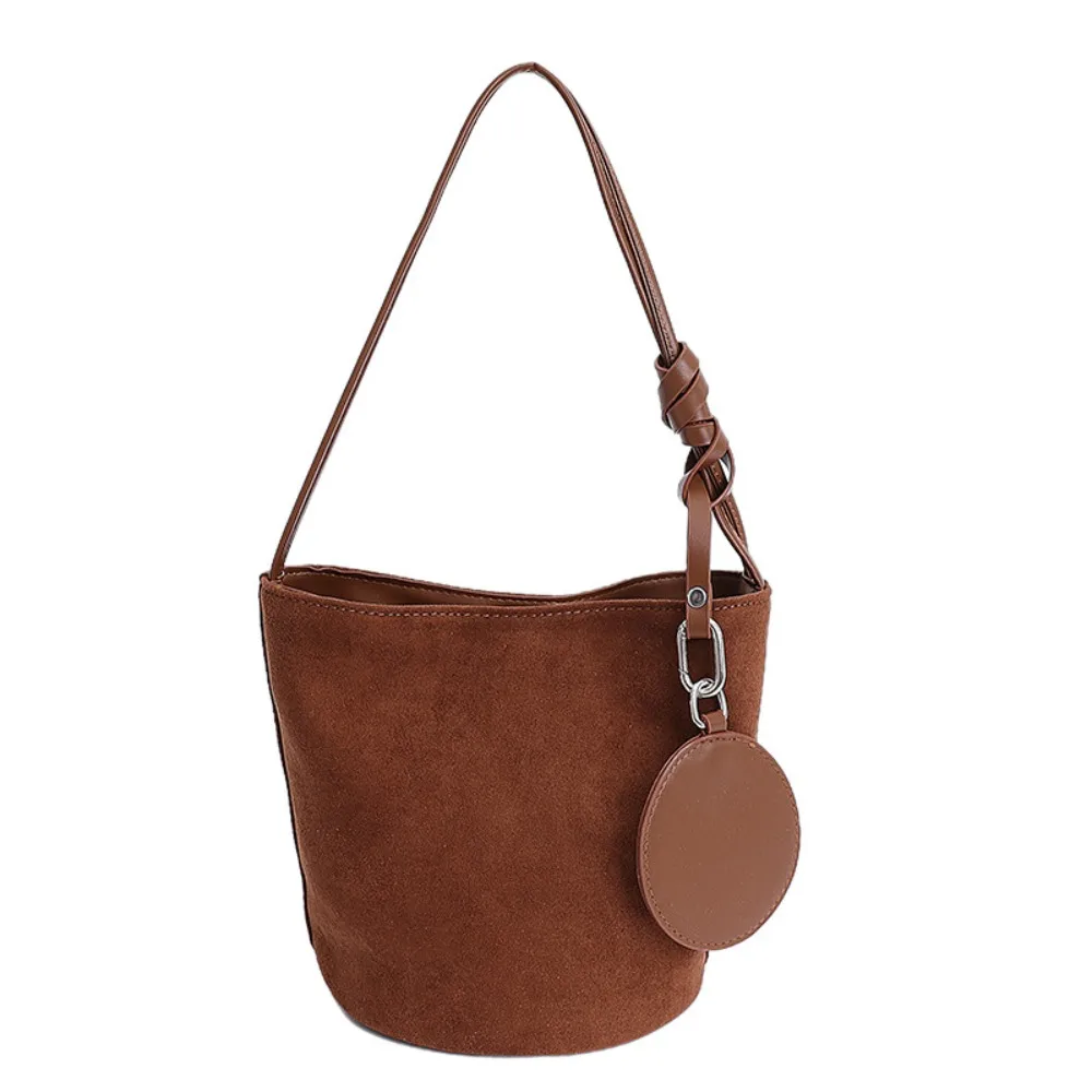 

with Round Pendant Faux Suede Bucket Bag Shoulder Bag Large Capacity Slouchy Hobo Bags Bucket Bag Handbag Solid Color Tote Bag