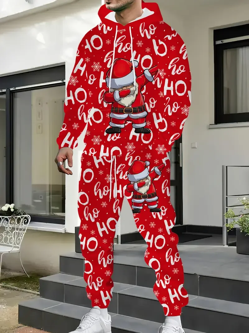 

Рождественская мужская толстовка из 2 предметов, забавный 3D принт Санта-Клауса, женский комплект с капюшоном и длинными рукавами, спортивный костюм для праздничной вечеринки